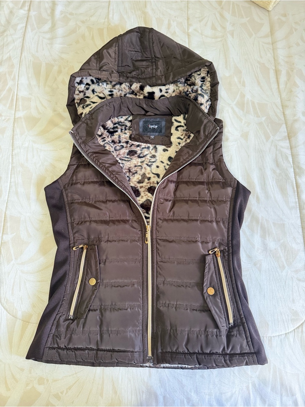 Brown Hooded Quilted Vest with Leopard Faux-Fur Lining